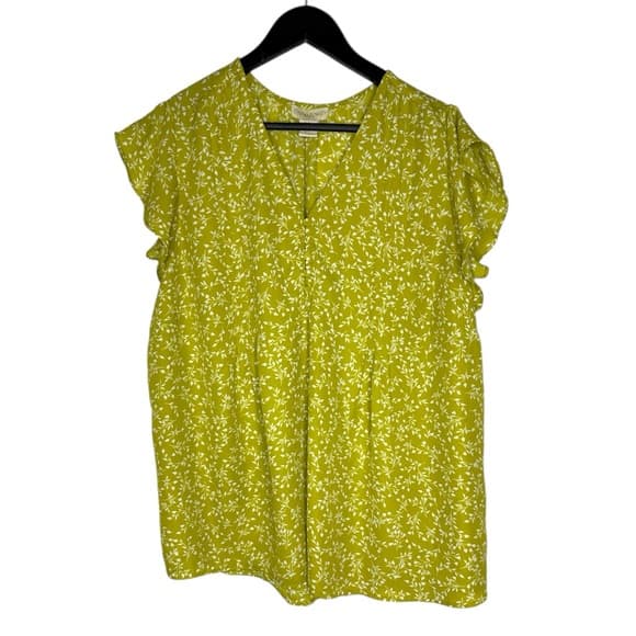 Cynthia Rowley Lime Green White Vine Print Flutter Sleeve Blouse Size 1X Coastal - Thumbnail 7