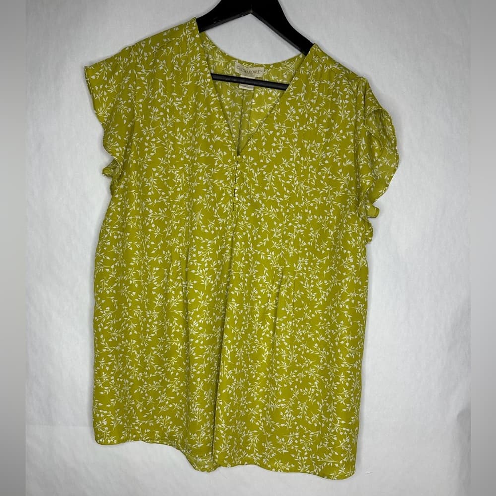 Cynthia Rowley Lime Green White Vine Print Flutter Sleeve Blouse Size 1X Coastal - Thumbnail 2