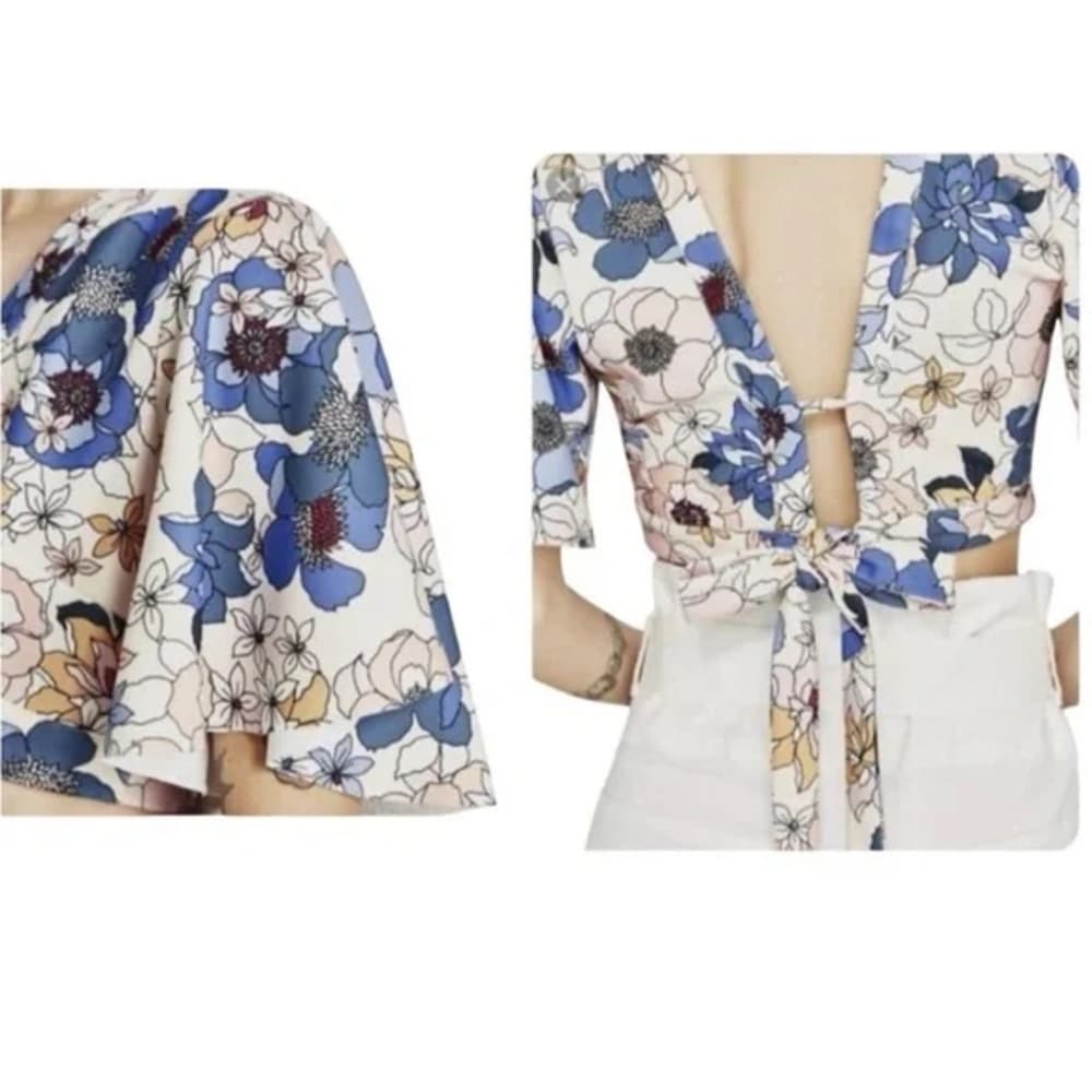Zara Floral Tie Crop Top Blue Peach Print Flutter Sleeve Medium Blogger Fav - Thumbnail 4