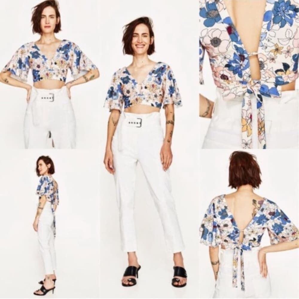 Zara Floral Tie Crop Top Blue Peach Print Flutter Sleeve Medium Blogger Fav - Thumbnail 5