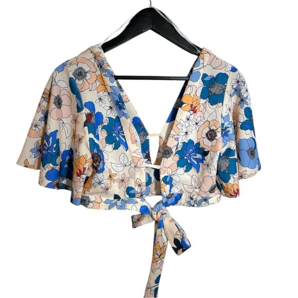 Zara Floral Tie Crop Top Blue Peach Print Flutter Sleeve Medium Blogger Fav - Thumbnail 15