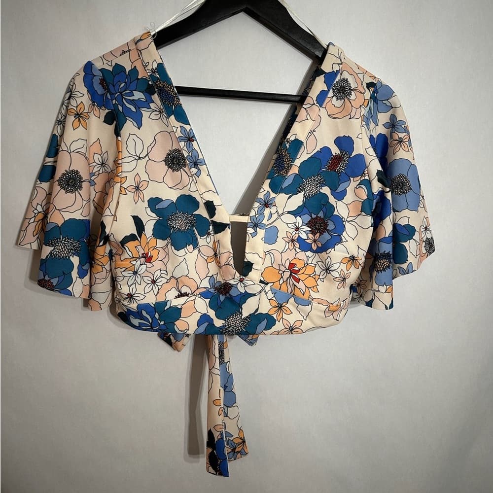 Zara Floral Tie Crop Top Blue Peach Print Flutter Sleeve Medium Blogger Fav - Thumbnail 13