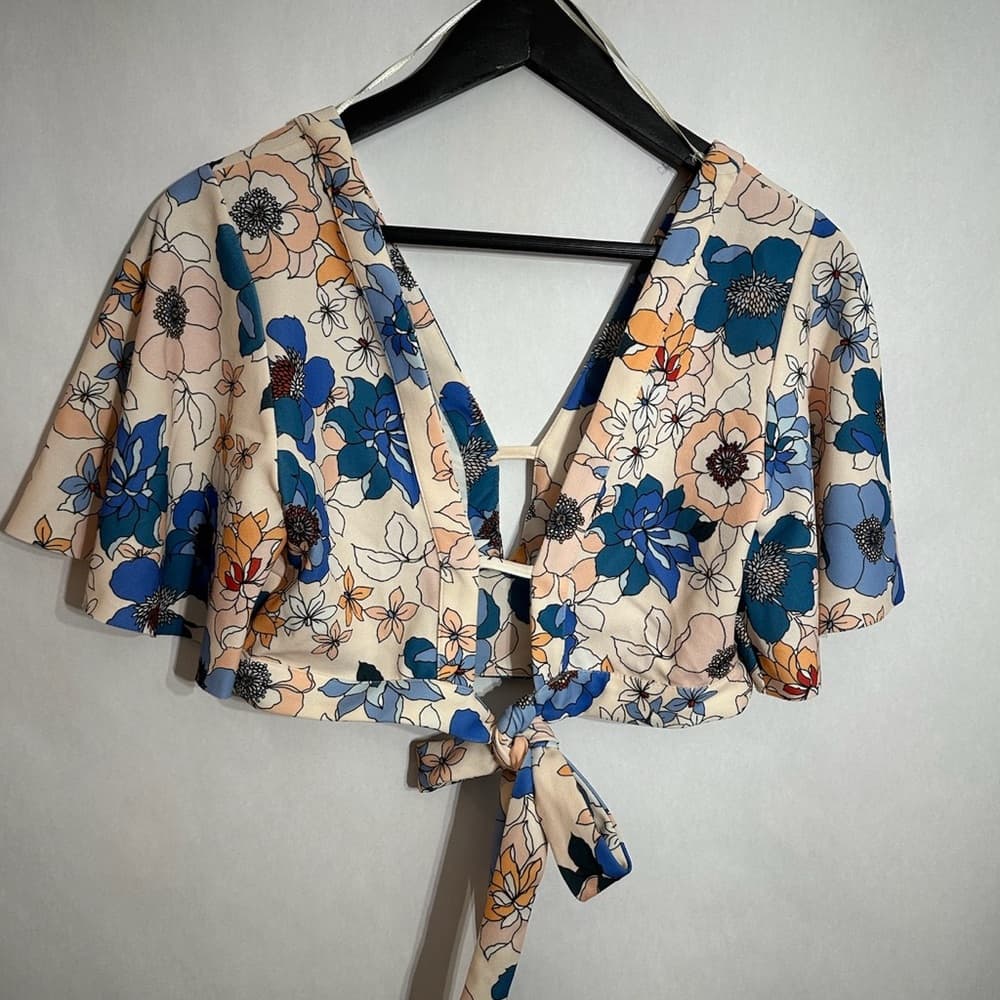 Zara Floral Tie Crop Top Blue Peach Print Flutter Sleeve Medium Blogger Fav - Thumbnail 10