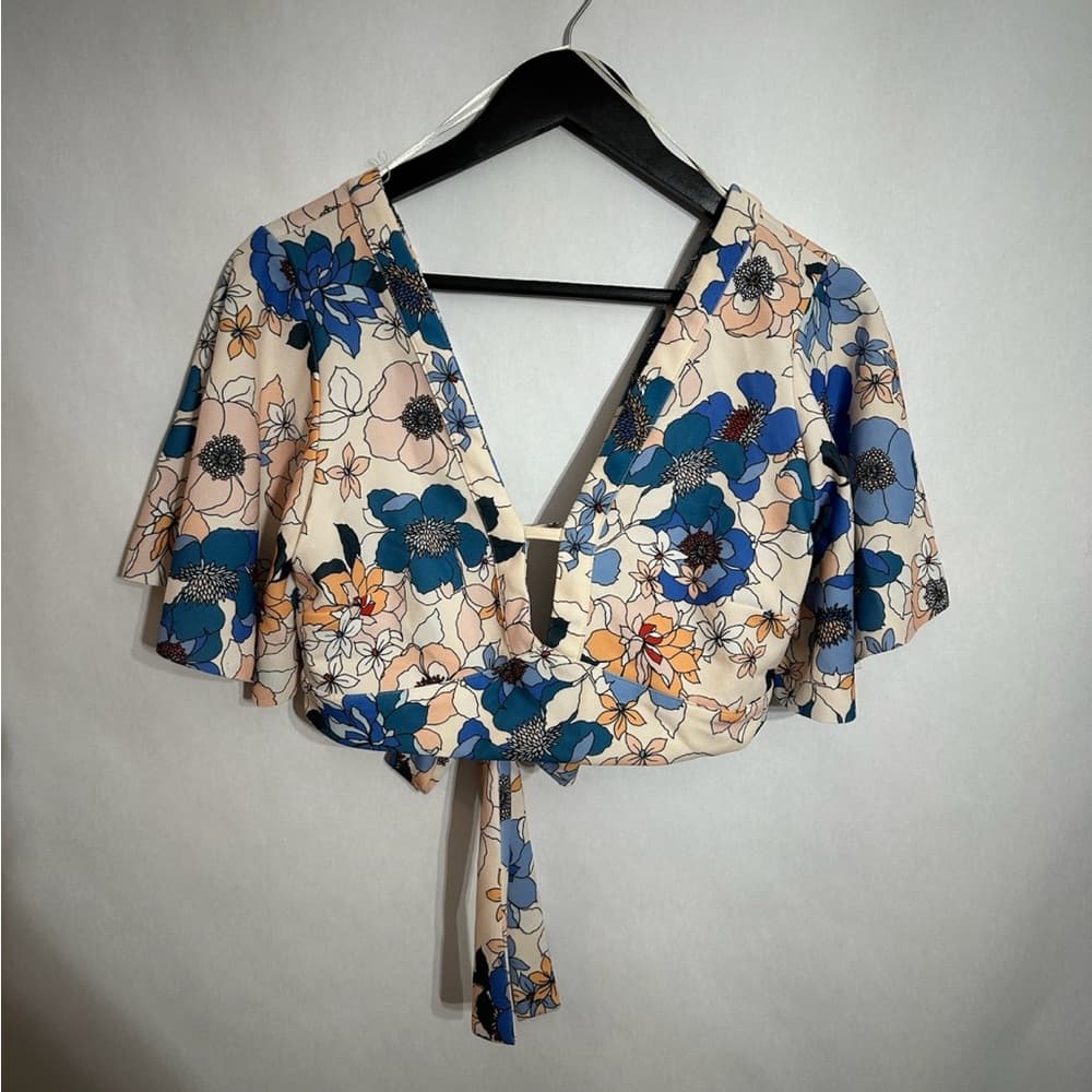 Zara Floral Tie Crop Top Blue Peach Print Flutter Sleeve Medium Blogger Fav - Thumbnail 6