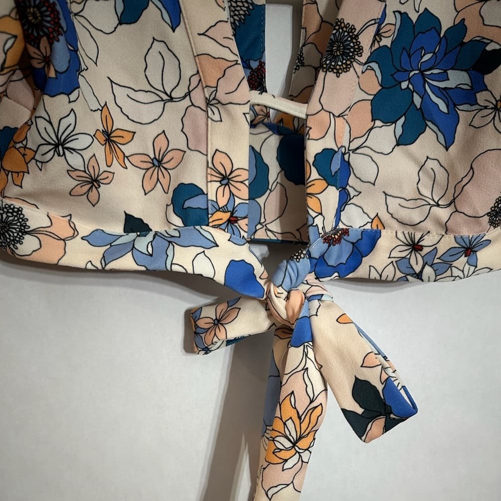 Zara Floral Tie Crop Top Blue Peach Print Flutter Sleeve Medium Blogger Fav - Thumbnail 9