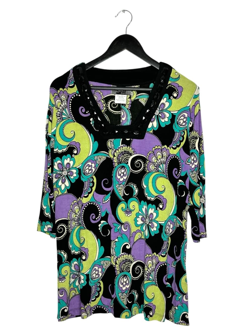 Slinky Brand Y2K Paisley Print Top Embellished Neckline Purple Green Size Large - Thumbnail 8