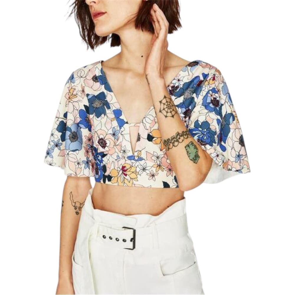 Zara Floral Tie Crop Top Blue Peach Print Flutter Sleeve Medium Blogger Fav - Thumbnail 2