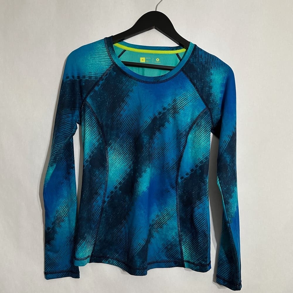 Xersion Blue Watercolor Long Sleeve Semi Fit Performance Sport Top Size Small - Thumbnail 5