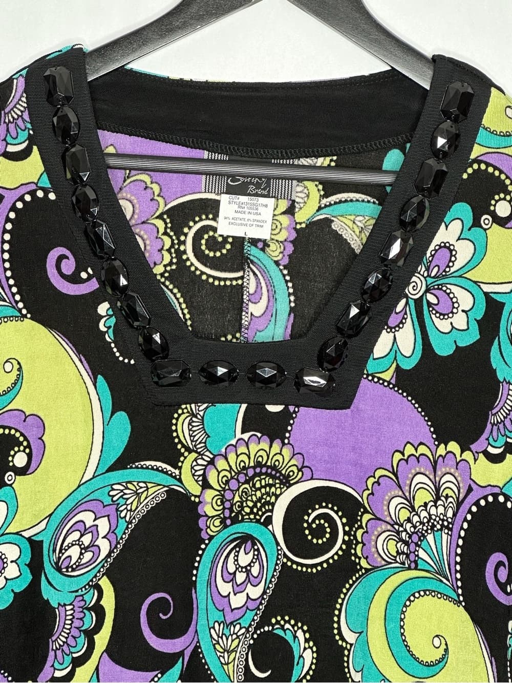 Slinky Brand Y2K Paisley Print Top Embellished Neckline Purple Green Size Large - Thumbnail 2