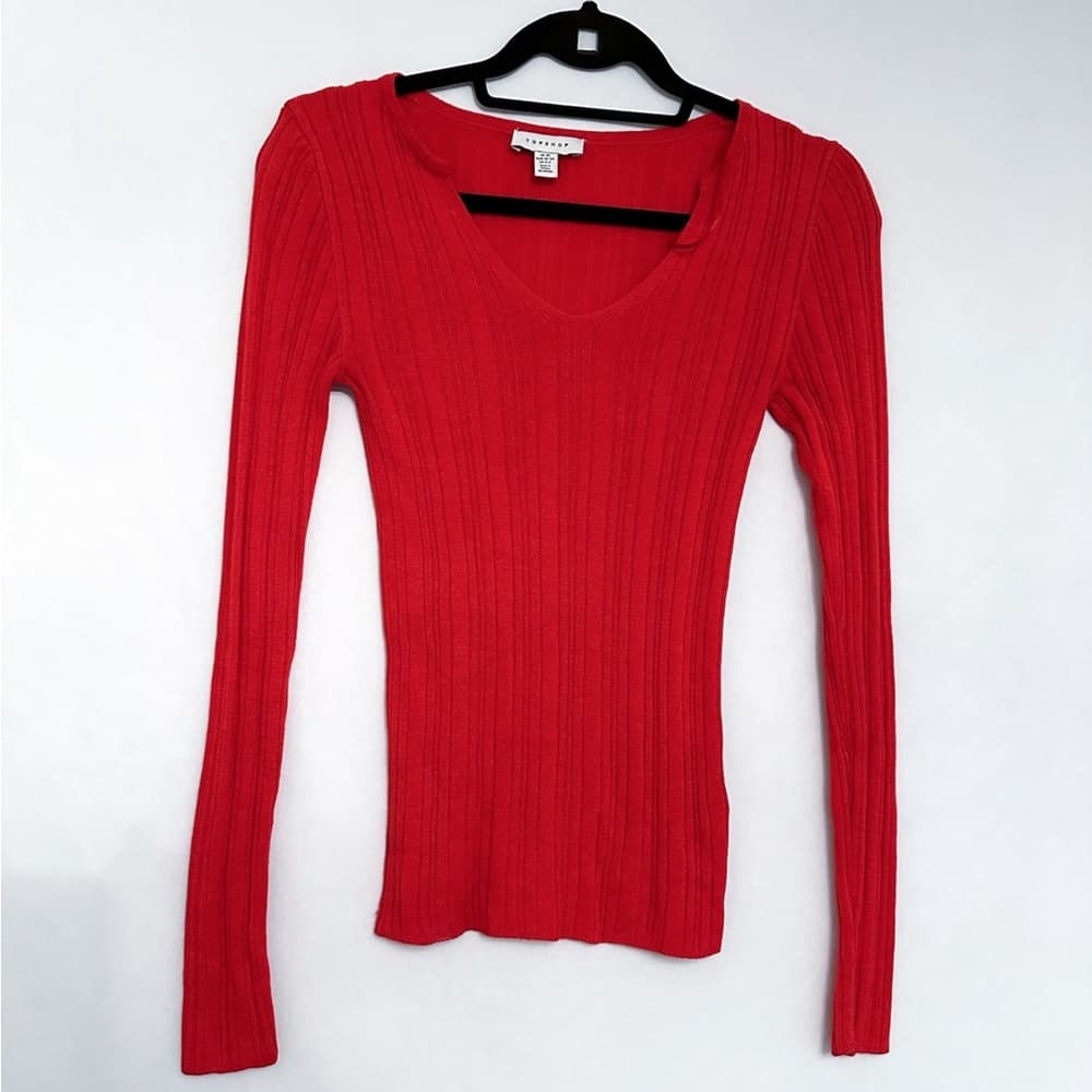 Topshop Red Ribbed Long Sleeve Knit Top Slim Fit V-Neck Shirt Womens Size 0-2 - Thumbnail 2