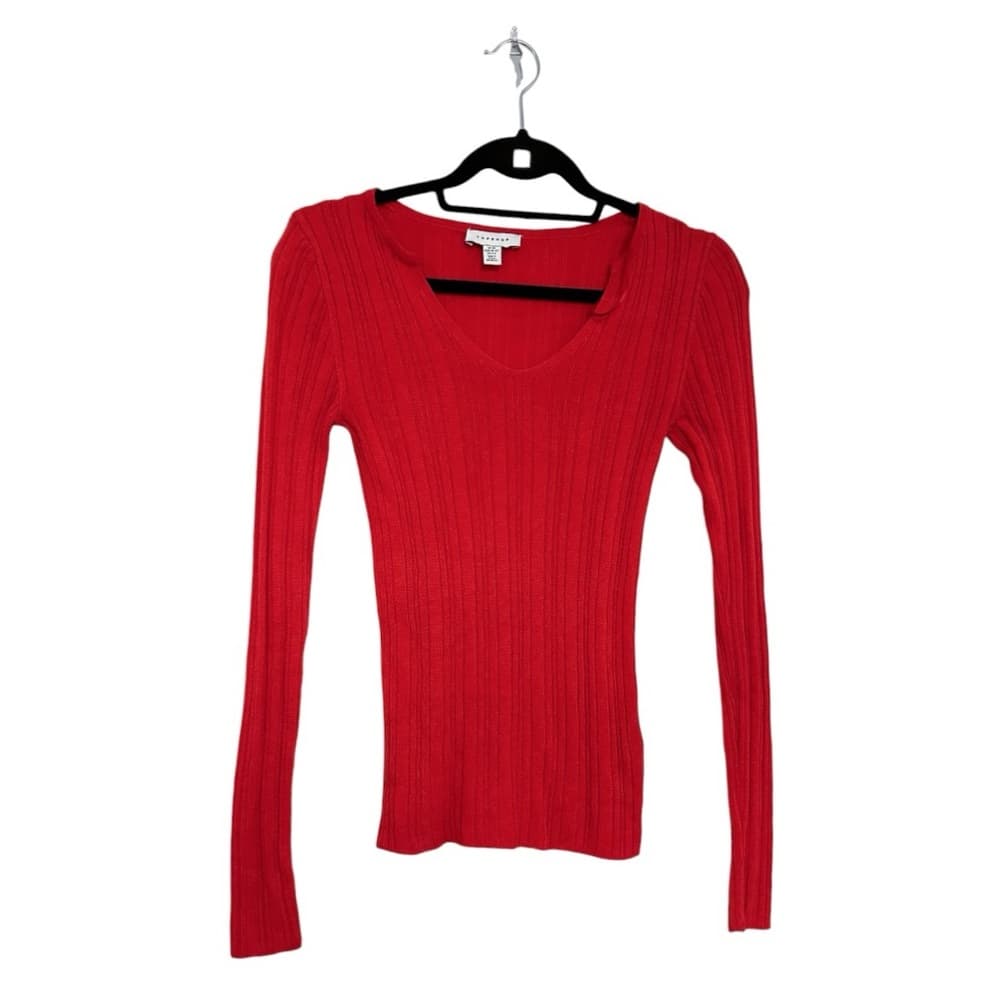 Topshop Red Ribbed Long Sleeve Knit Top Slim Fit V-Neck Shirt Womens Size 0-2 - Thumbnail 9