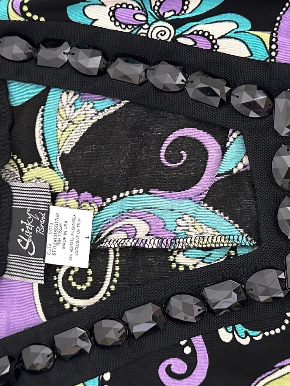 Slinky Brand Y2K Paisley Print Top Embellished Neckline Purple Green Size Large - Thumbnail 7