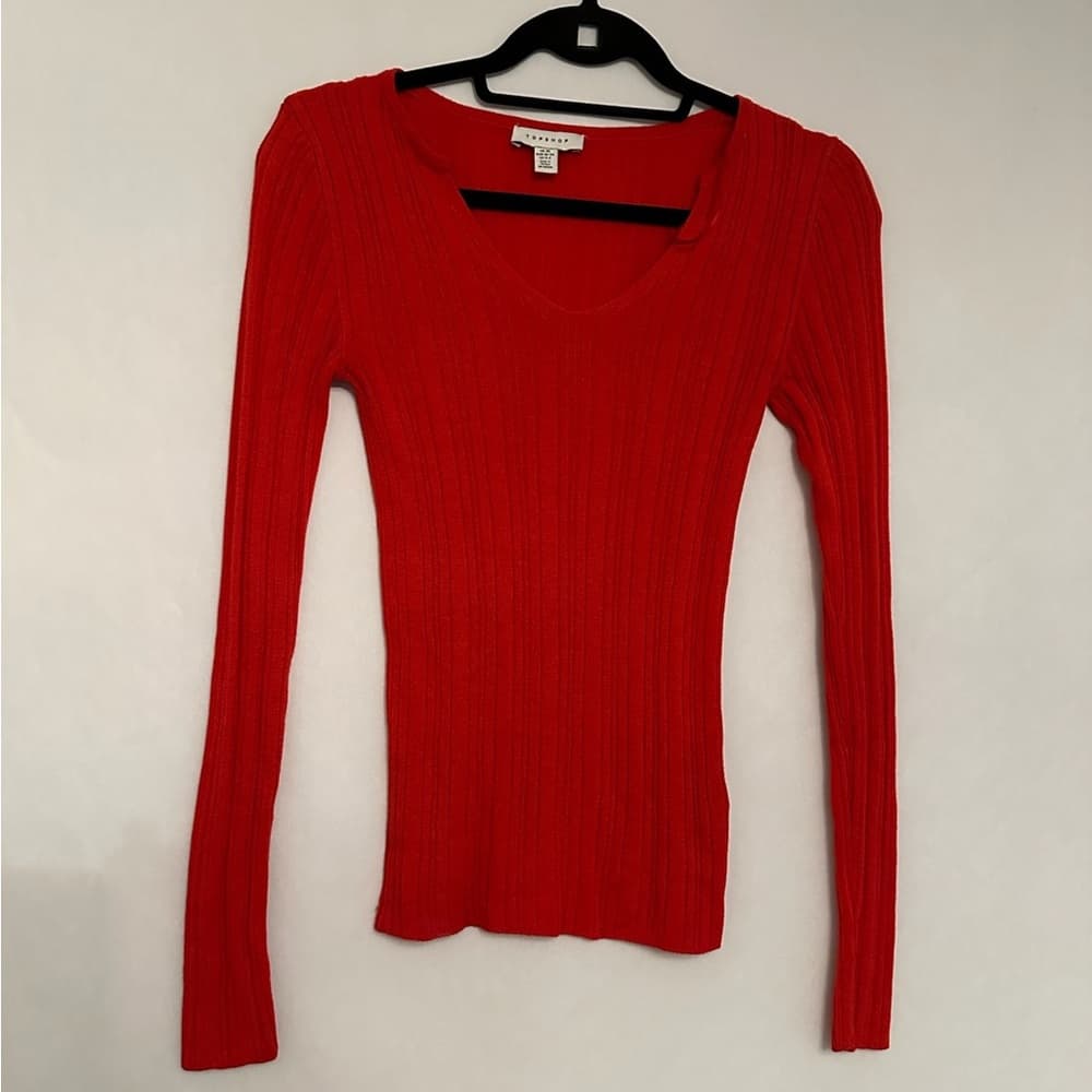 Topshop Red Ribbed Long Sleeve Knit Top Slim Fit V-Neck Shirt Womens Size 0-2 - Thumbnail 3