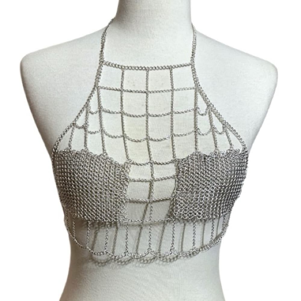 Silver Chainmail Mesh Crop Halter Top Festival Ravewear One Size - Thumbnail 7