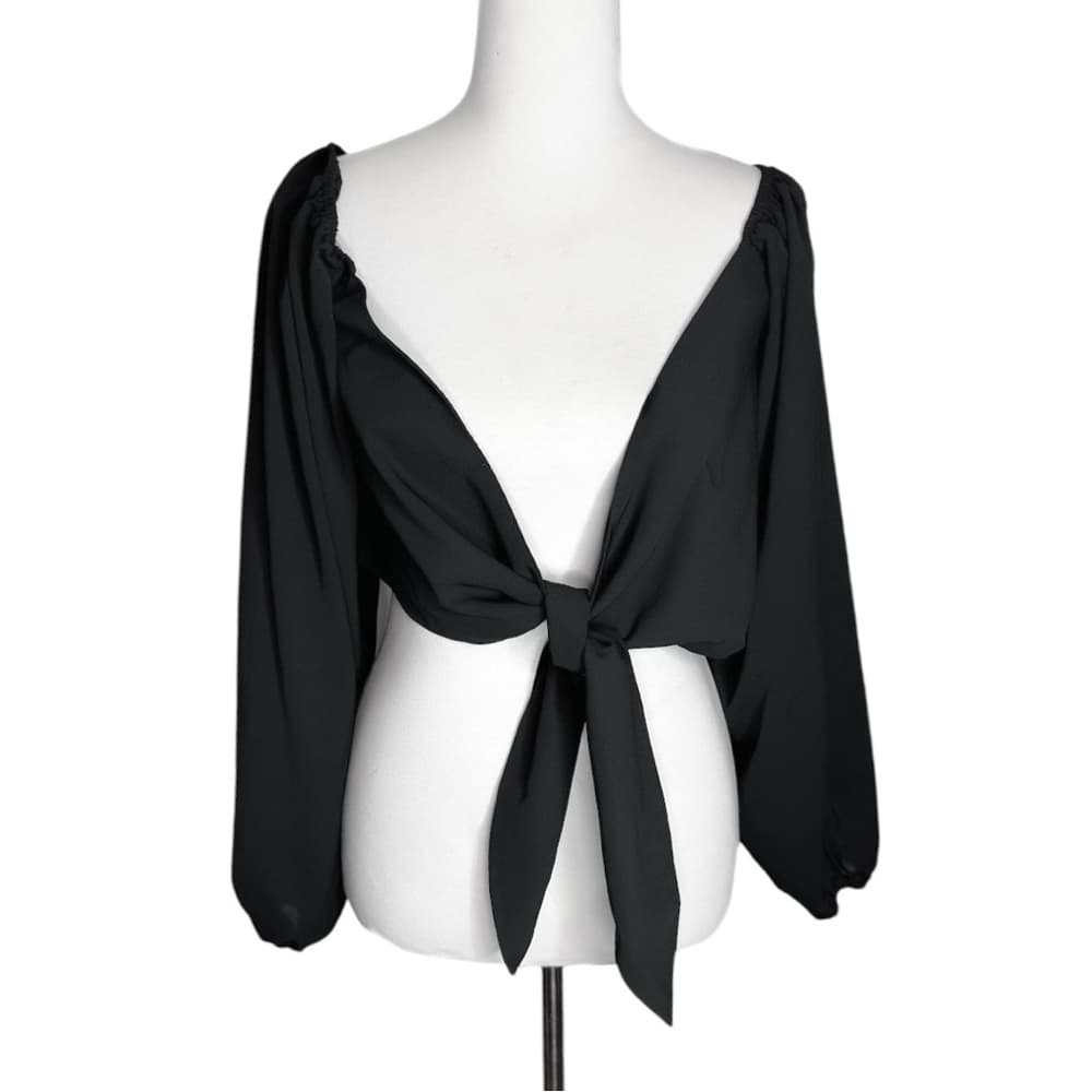 Hers & Mine Black Long Sleeve Front Tie Crop Top Size Small - Thumbnail 5