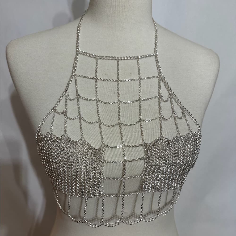 Silver Chainmail Mesh Crop Halter Top Festival Ravewear One Size - Thumbnail 5