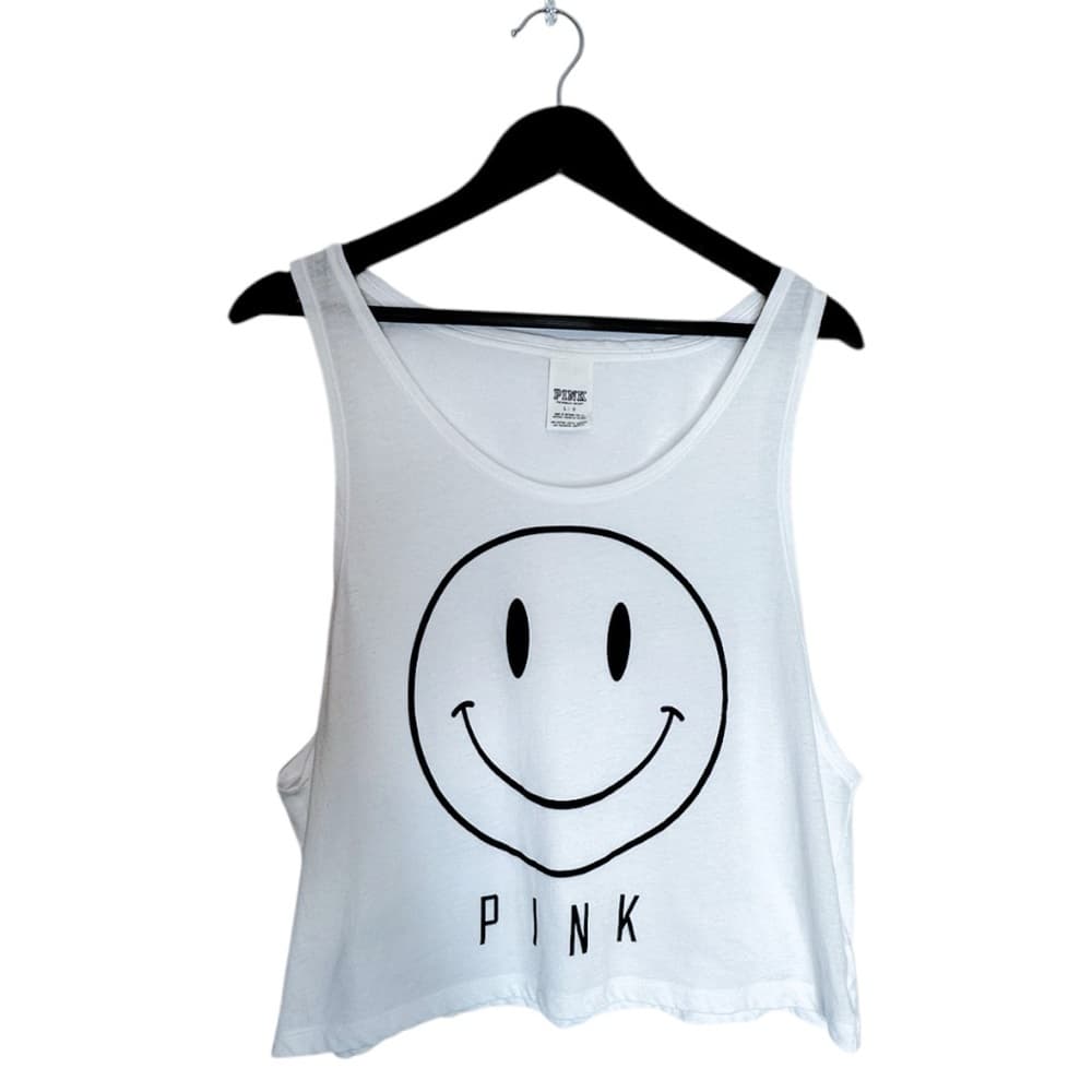 Victoria’s Secret PINK Smiley Face White Crop Tank Top Loose Sheer | Size Large - Thumbnail 7