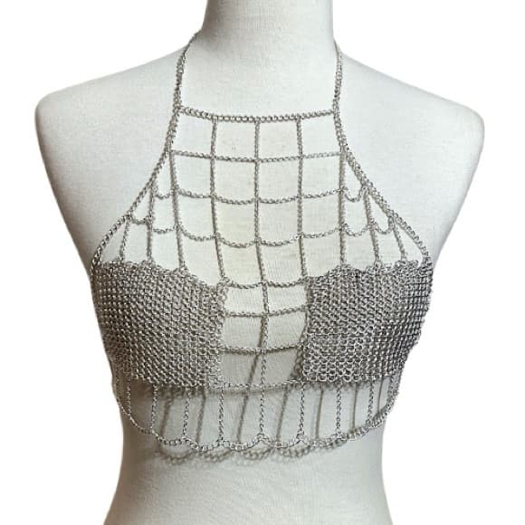 Silver Chainmail Mesh Crop Halter Top Festival Ravewear One Size - Thumbnail 8