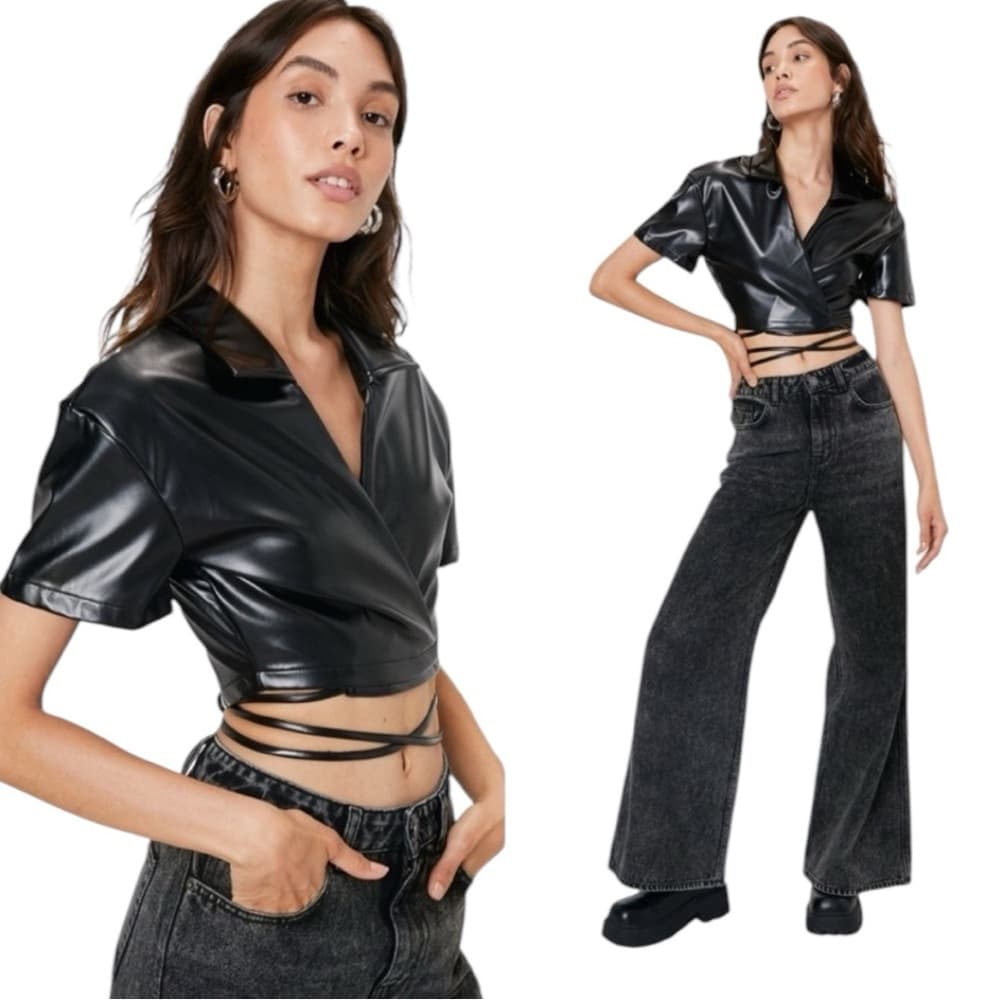 NWT NASTY GAL Women's Faux Leather Wrap Wide Sleeve Tie Crop Top Moto Chic Sz 10 - Thumbnail 11