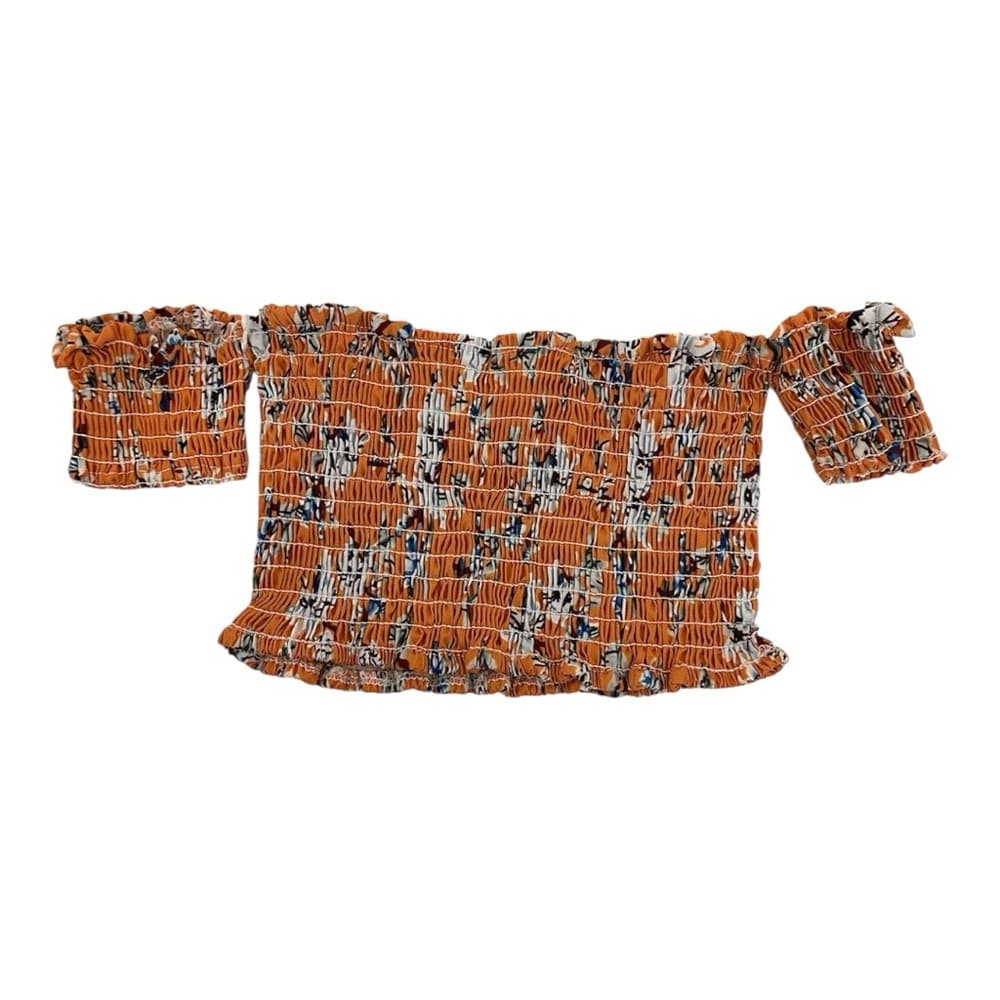 Boho Orange White Floral Smocked Off-Shoulder Floral Micro Crop Top Medium Y2K - Thumbnail 4
