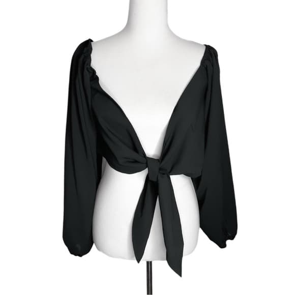 Hers & Mine Black Long Sleeve Front Tie Crop Top Size Small - Thumbnail 6