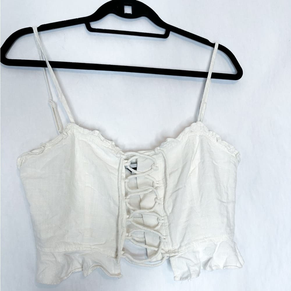 Princess Polly Daphne Linen Spaghetti Strap Ruffle Crop Top in US Size 10 - Thumbnail 4