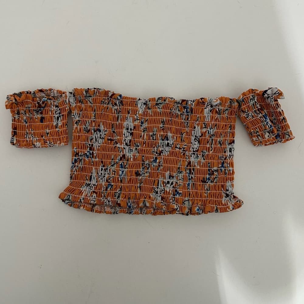 Boho Orange White Floral Smocked Off-Shoulder Floral Micro Crop Top Medium Y2K - Thumbnail 2