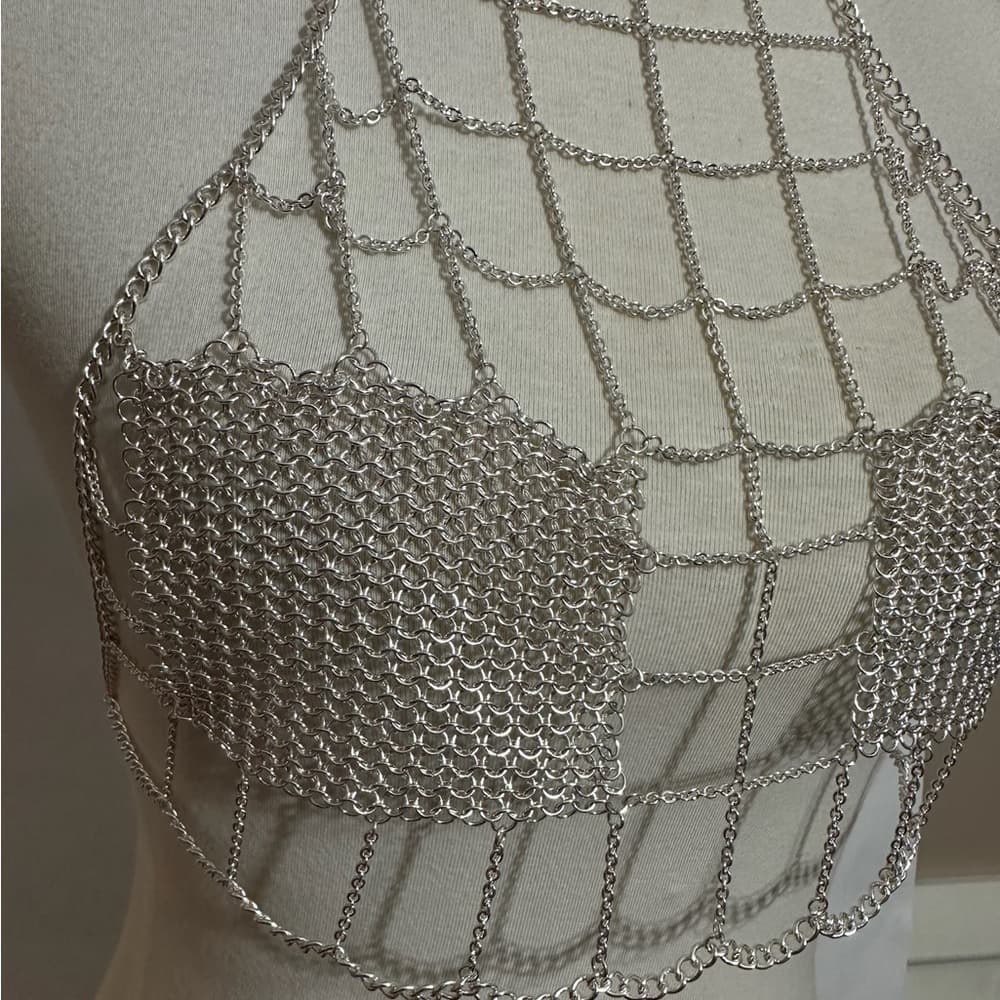Silver Chainmail Mesh Crop Halter Top Festival Ravewear One Size - Thumbnail 6