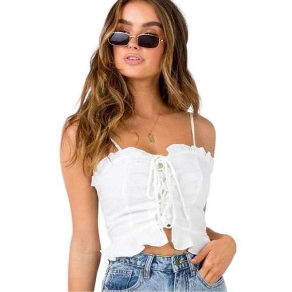 Princess Polly Daphne Linen Spaghetti Strap Ruffle Crop Top in US Size 10 - Thumbnail 16