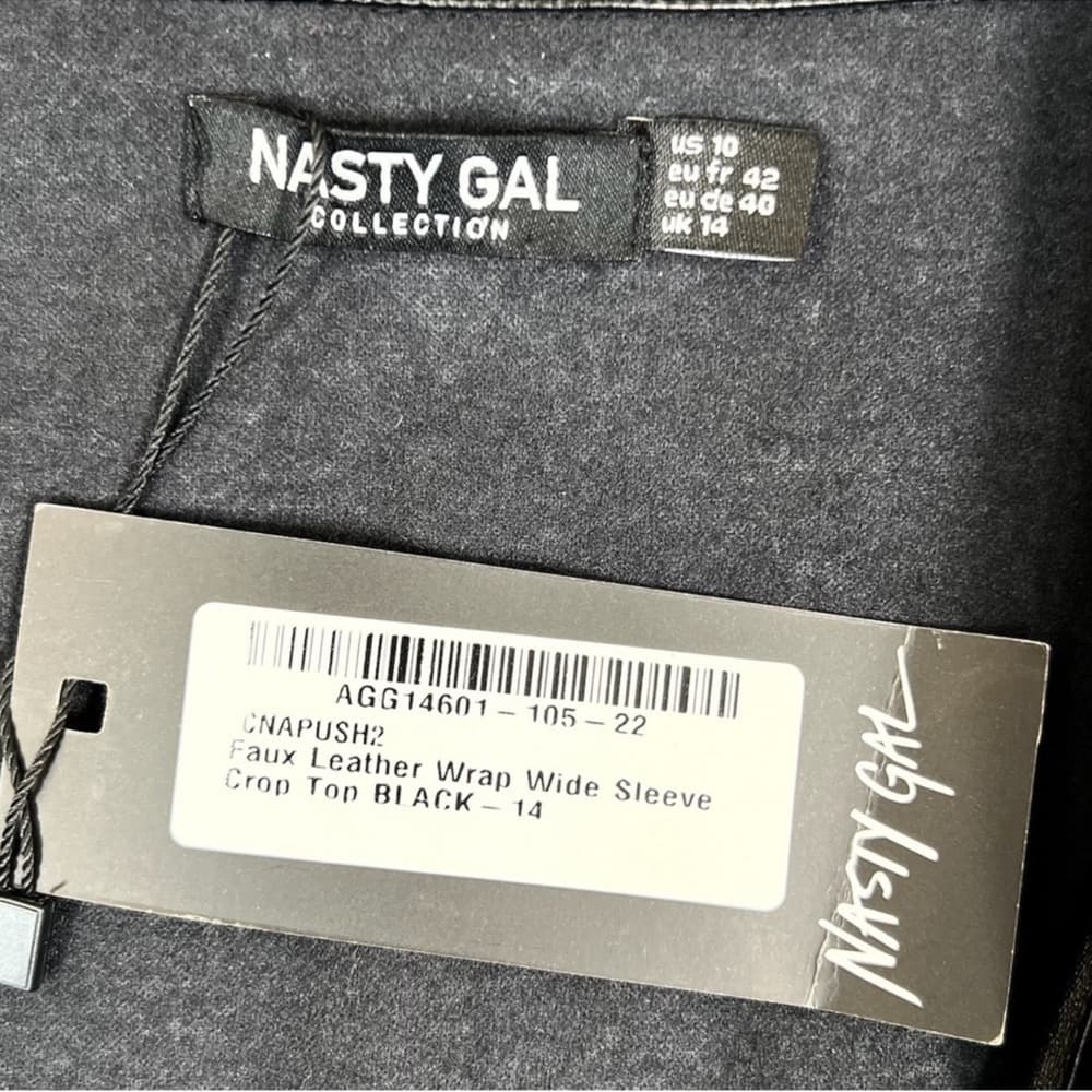 NWT NASTY GAL Women's Faux Leather Wrap Wide Sleeve Tie Crop Top Moto Chic Sz 10 - Thumbnail 6