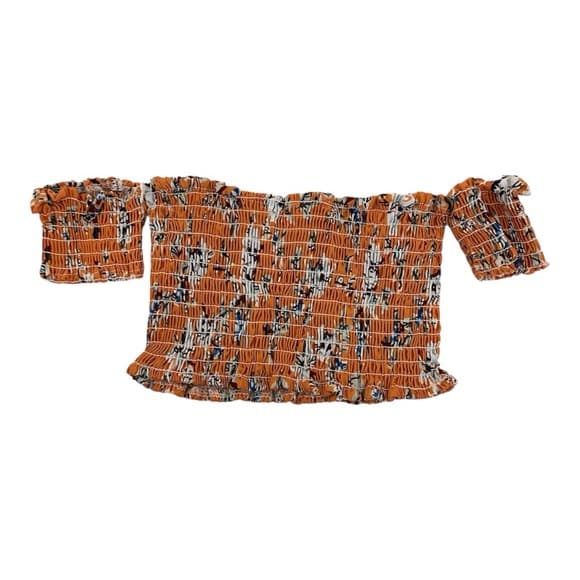 Boho Orange White Floral Smocked Off-Shoulder Floral Micro Crop Top Medium Y2K - Thumbnail 5