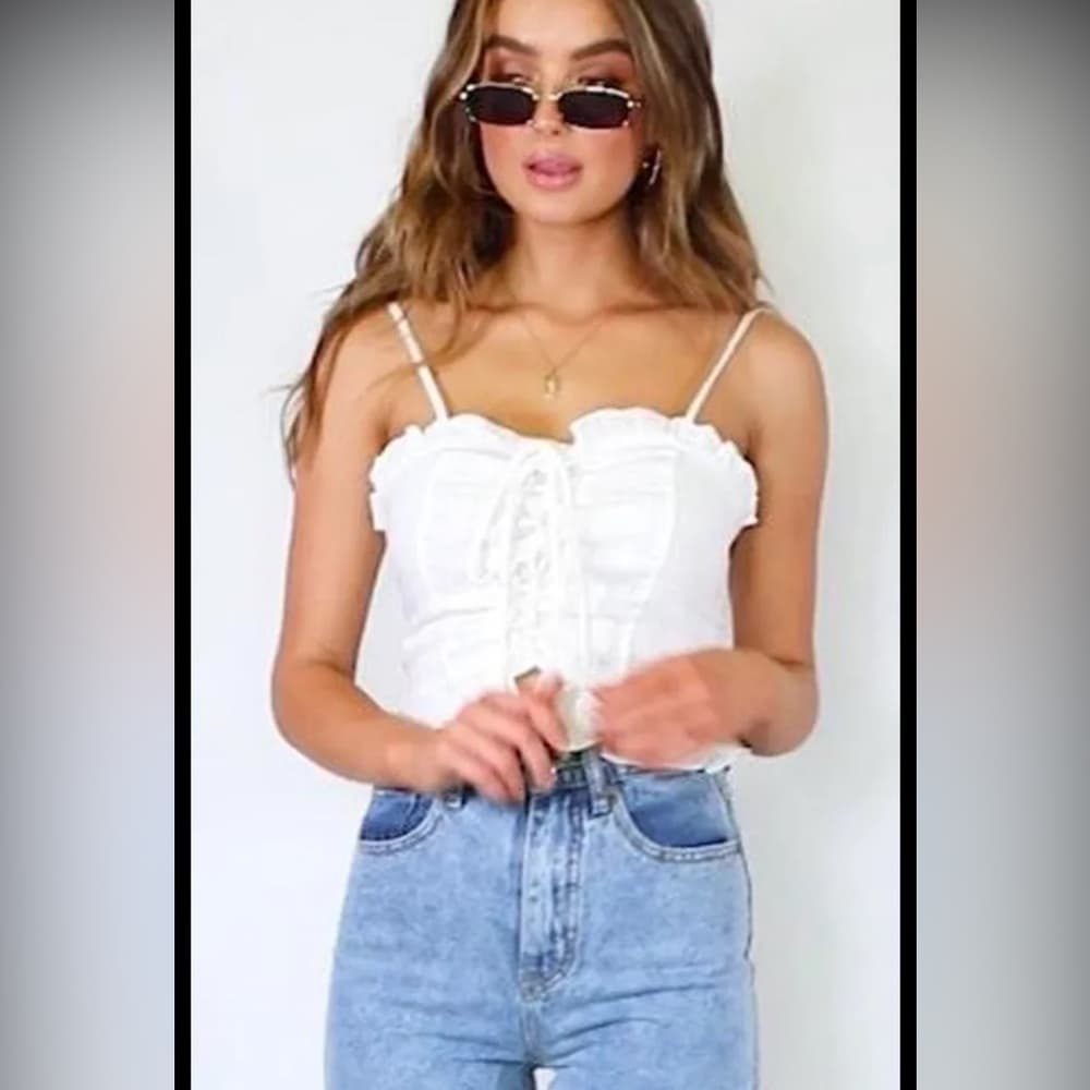 Princess Polly Daphne Linen Spaghetti Strap Ruffle Crop Top in US Size 10 - Thumbnail 3