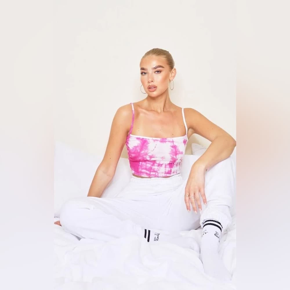 PrettyLittleThing Pink and White Jersey Tie Dye Crop Cami Size 10 Streetwear - Thumbnail 2