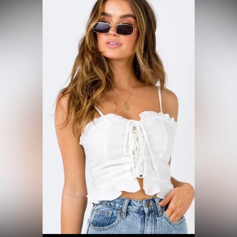 Princess Polly Daphne Linen Spaghetti Strap Ruffle Crop Top in US Size 10 - Thumbnail 2