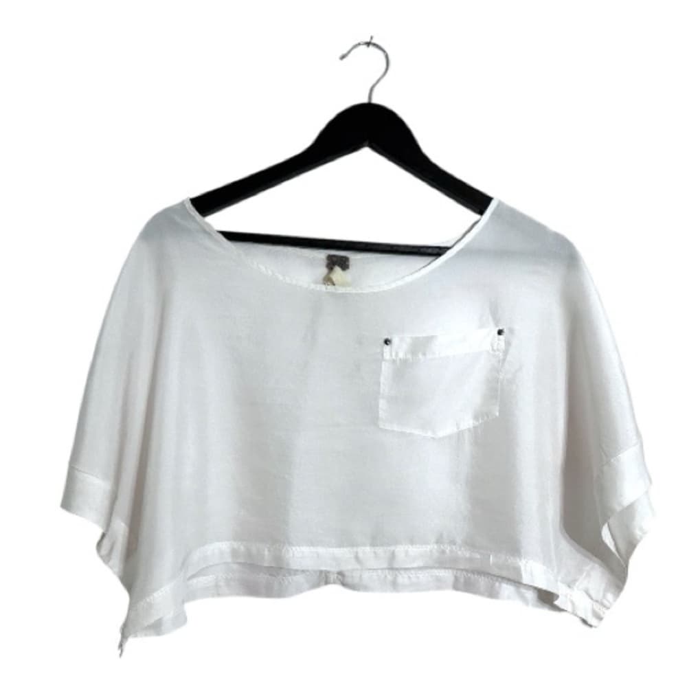 We The Free by Free People White Sheer Cropped Boxy Top Pocket Detail Silk XS - Thumbnail 14