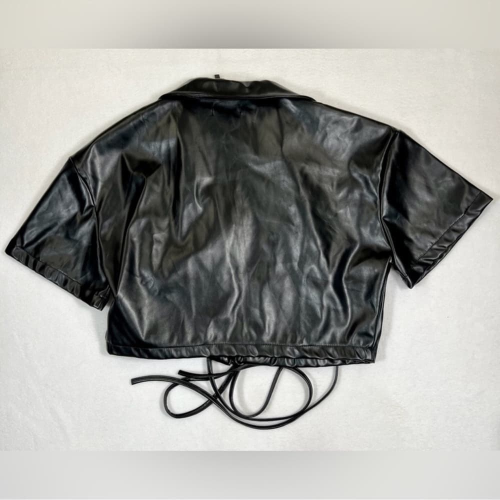 NWT NASTY GAL Women's Faux Leather Wrap Wide Sleeve Tie Crop Top Moto Chic Sz 10 - Thumbnail 2
