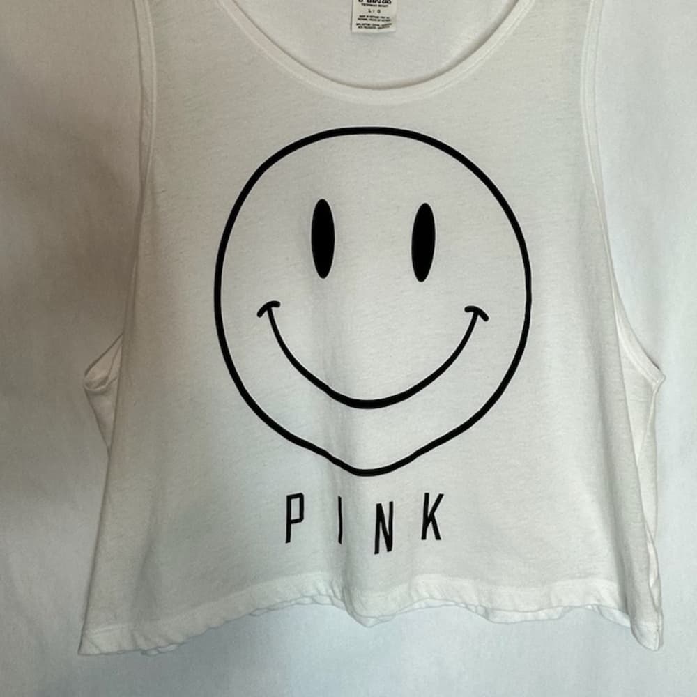Victoria’s Secret PINK Smiley Face White Crop Tank Top Loose Sheer | Size Large - Thumbnail 3