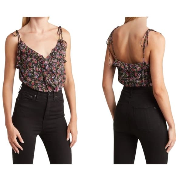 NWT ASTR The Label Black Purple Floral Ruffle Tie Strap Bodysuit Size Medium - Thumbnail 15