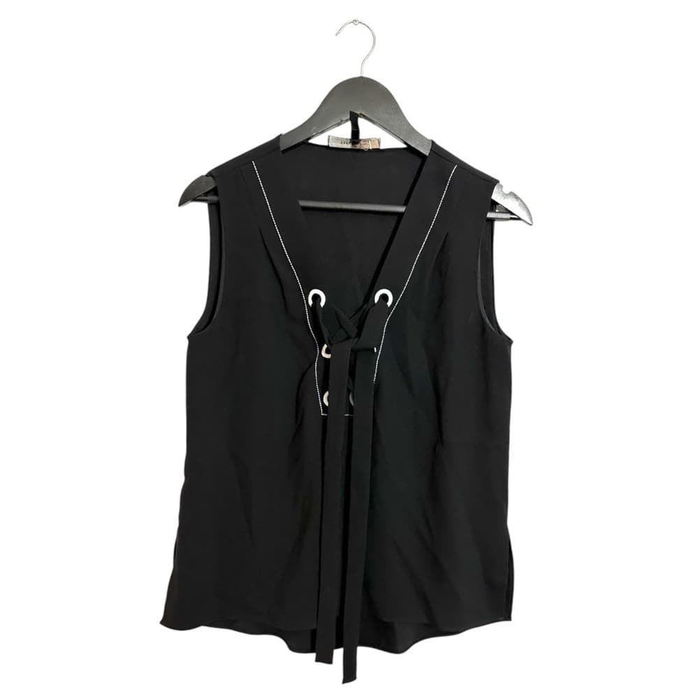 BCBGMaxAzria Black Lace Up Grommet Sleeveless Blouse XS Minimalist Quiet Luxury - Thumbnail 7