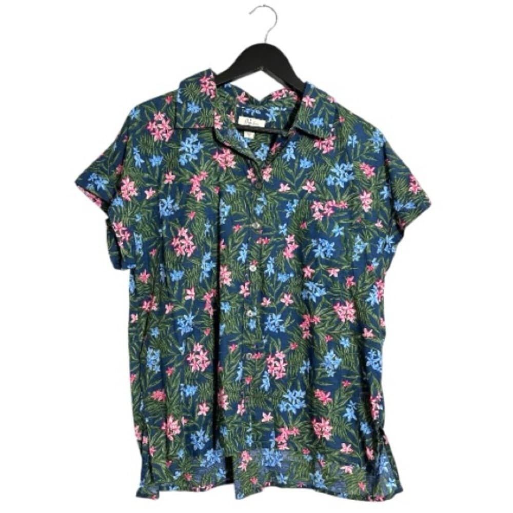 Style & Co Blue Floral Button Up Short Sleeve Shirt Women’s Large Cotton Top - Thumbnail 7