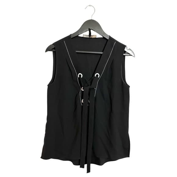 BCBGMaxAzria Black Lace Up Grommet Sleeveless Blouse XS Minimalist Quiet Luxury - Thumbnail 8