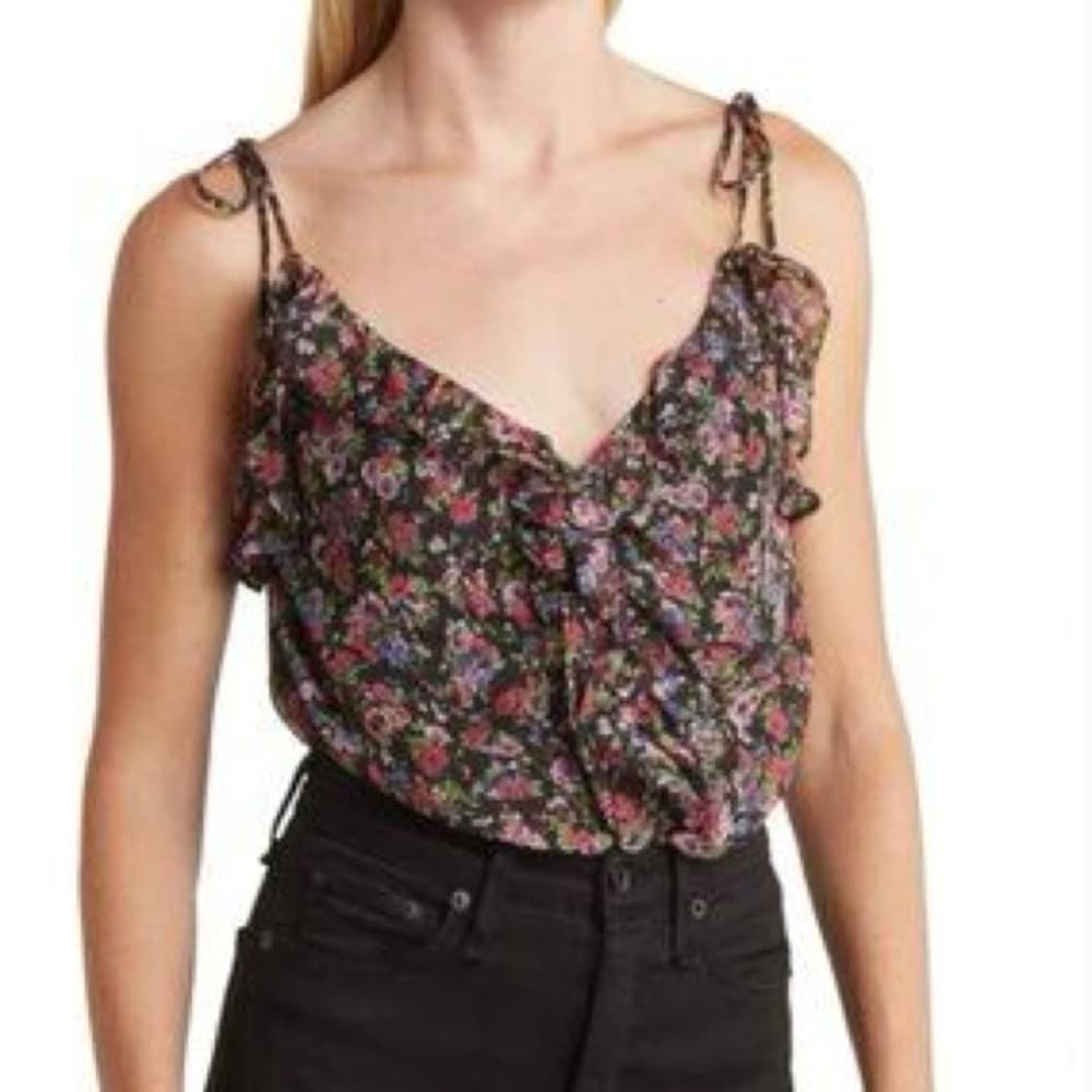 NWT ASTR The Label Black Purple Floral Ruffle Tie Strap Bodysuit Size Medium - Thumbnail 3