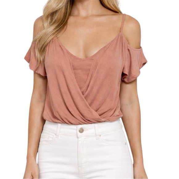 Free Press Dusty Rose Cold Shoulder Surplice Bodysuit Size Medium Romantic - Thumbnail 12