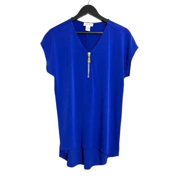 Carmen Marc Valvo Blue V-Neck Zip High Low Top Size Large Businesscore Office - Thumbnail 7