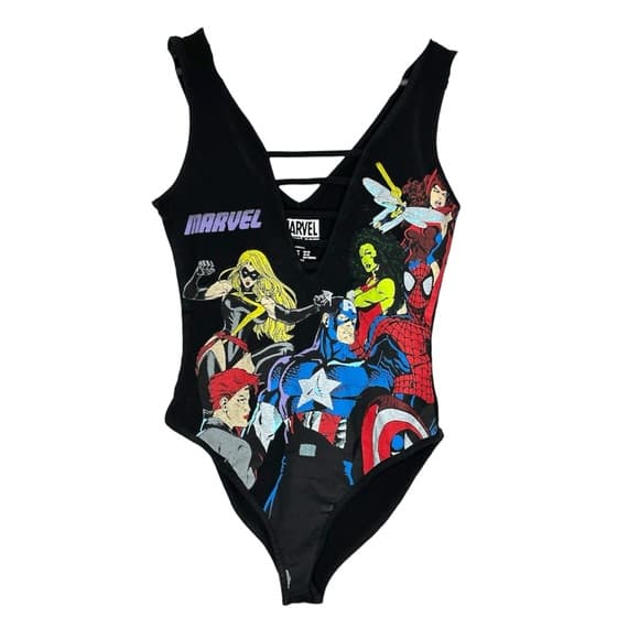 Marvel Graphic Bodysuit Black Strappy Superhero Print Size Medium Captain - Thumbnail 8