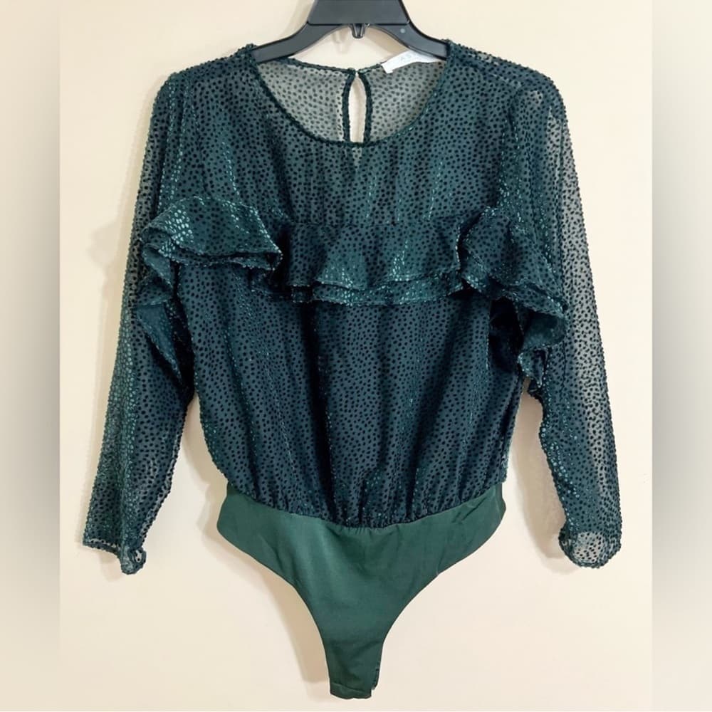 ASTR Women's Burnout Velvet Bodysuit Tiered Ruffles Forest Green Size Medium - Thumbnail 2
