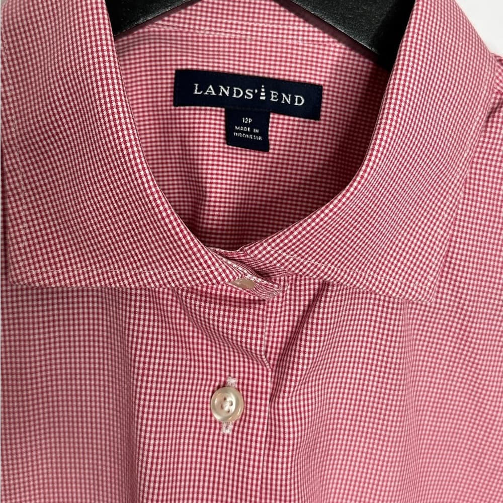 NEW Lands’ End Red Gingham Button Down Shirt Cotton Petite 12P Classic Preppy - Thumbnail 4