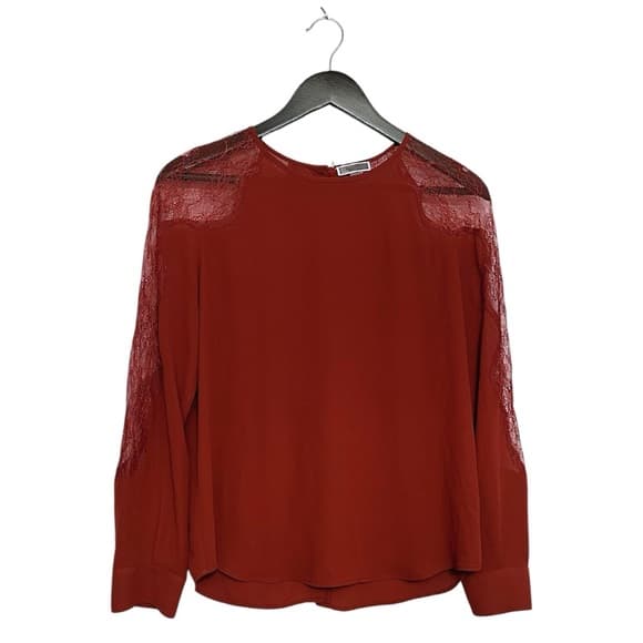 Chelsea28 Rust Lace Sleeve Blouse Sheer Panel Top Size Small Romantic Feminine - Thumbnail 10