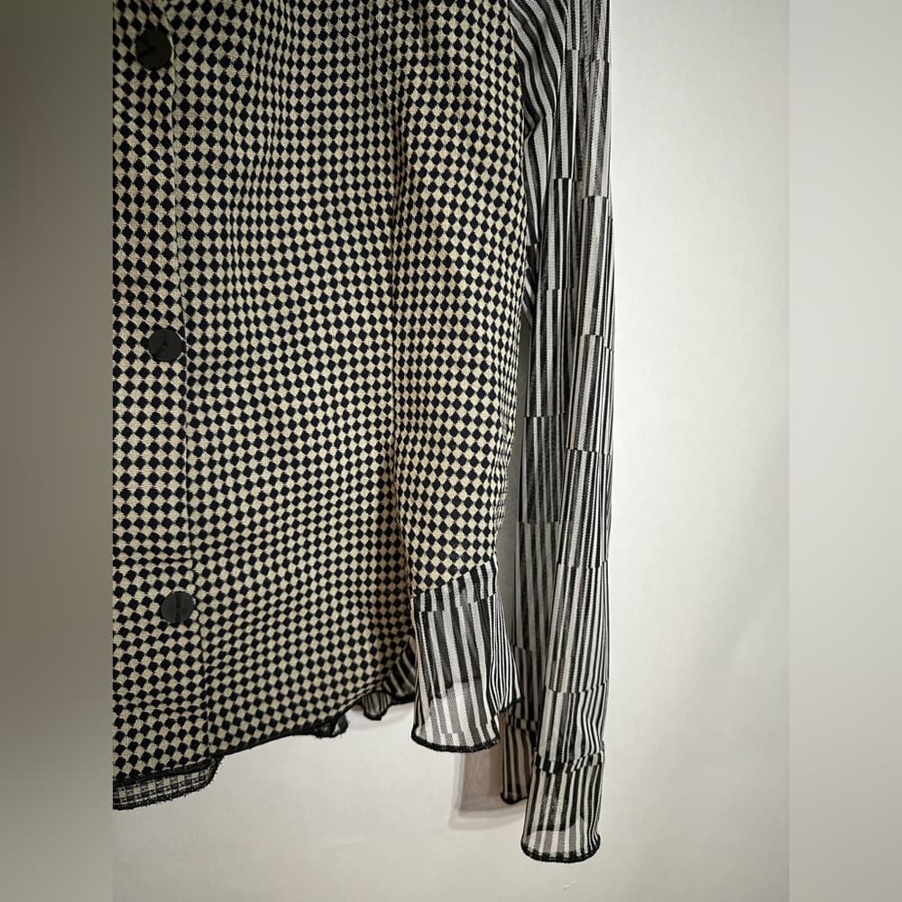 Deborah Cross Black White Mixed Print Button Up Blouse Vintage See Measurement - Thumbnail 2