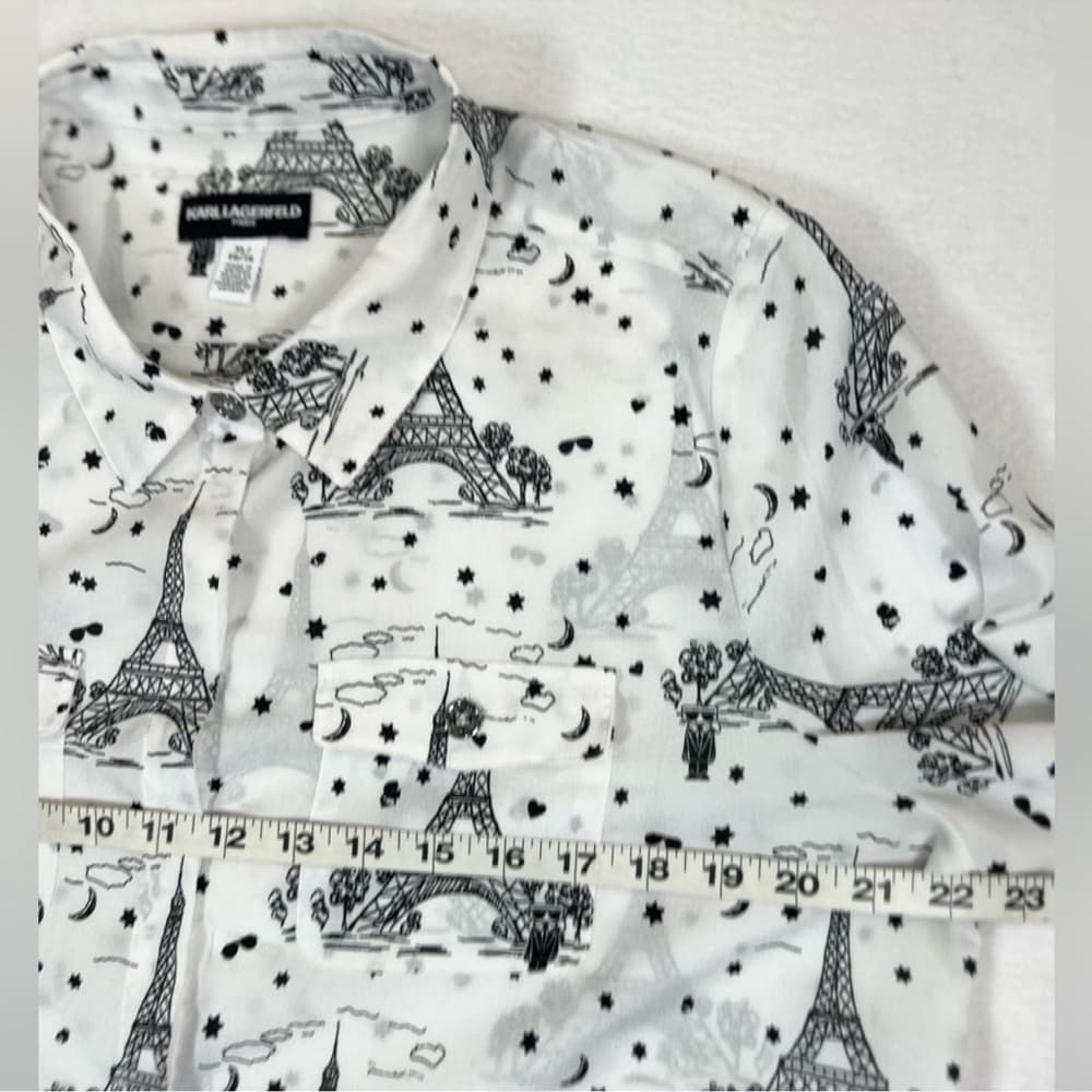 KARL LAGERFELD PARIS Whimsical Long Sleeve Top XL Button Down Eiffel Tower Sheer - Thumbnail 15